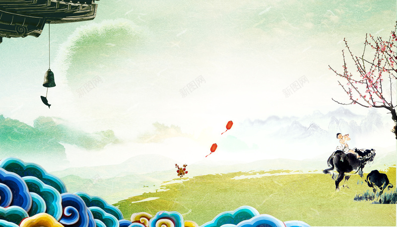 古风古典淡雅端午绿色jpg设计背景_新图网 https://ixintu.com 古风古典 淡雅 牧童 端午 绿色 清淡 清明 展板 桃树 彩云