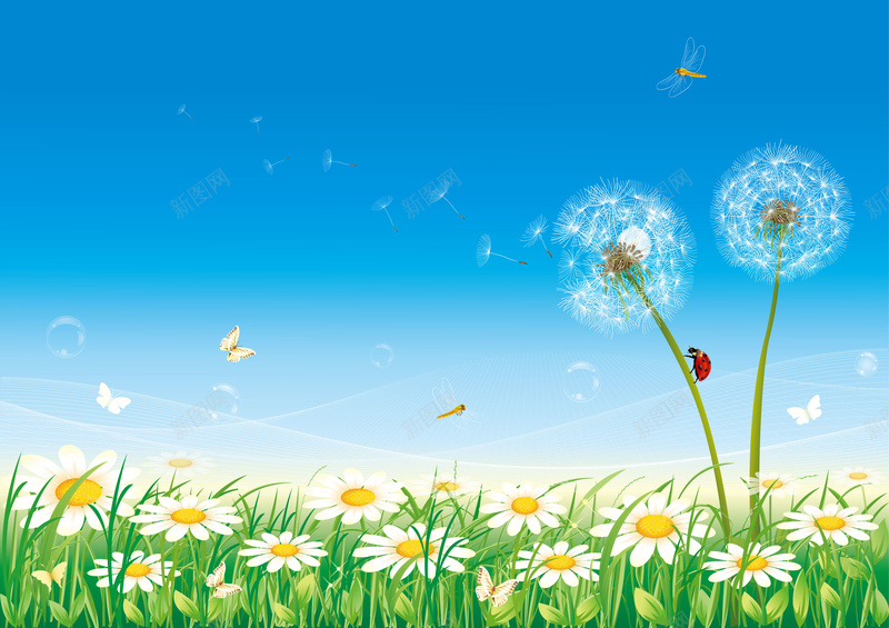 春暖花开蓝天白云蒲公英eps设计背景_新图网 https://ixintu.com 春暖花开 蒲公英 卡通 白云 蓝天 童趣 手绘