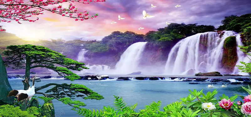 山水风景画jpg设计背景_新图网 https://ixintu.com 山水 画 风景画 瀑布 仙鹤 植物 松树 天鹅 溪流 树林 海报banner 摄影 风景