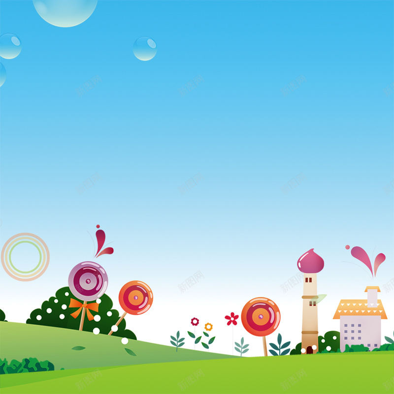 卡通趣味背景图psd设计背景_新图网 https://ixintu.com 卡通 趣味 棒棒糖 房子 花草 蓝色 童趣 手绘