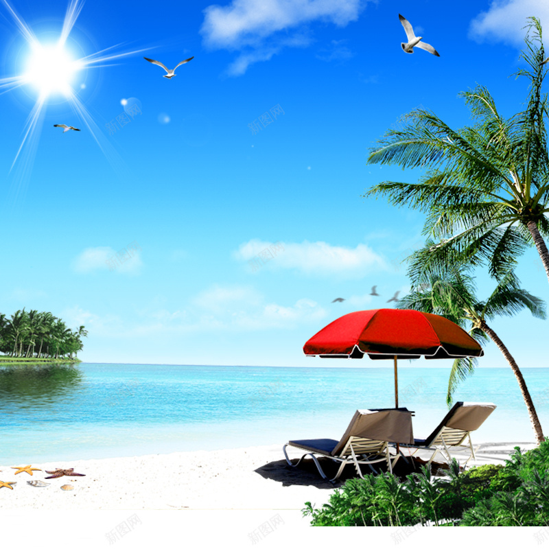 夏季海边主图jpg设计背景_新图网 https://ixintu.com 夏季 海边 防晒 遮阳伞 躺椅 大海 树 蓝天 白云 阳光 大雁 主图