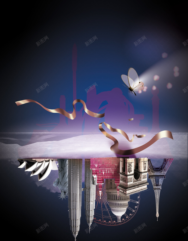 世界美景时尚海报psd设计背景_新图网 https://ixintu.com 丝带 大气 星光 蝴蝶 黑色 埃菲尔铁塔 国家大剧院