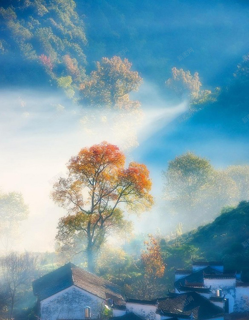 蓝色梦幻风景APP手机端H5背景jpg设计背景_新图网 https://ixintu.com 景色 树枝 梦幻 蓝色 风景 房屋 建筑 朦胧 烟雾缭绕 APP手机端 H5背景 风景蓝色 梦幻风景
