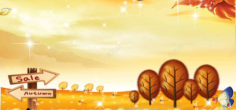秋天黄色卡通背景jpg设计背景_新图网 https://ixintu.com 秋天 枫叶 树 山 闪星 导示牌 黄色 海报banner 卡通 童趣 手绘