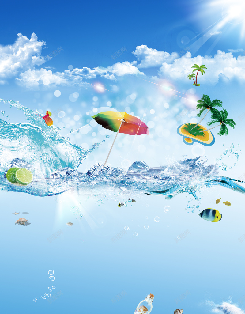 冰爽夏日蓝色海报背景素材psd设计背景_新图网 https://ixintu.com 海报 海水 白云 背景 蓝天 水花 冰块 夏日背景 蓝色素材