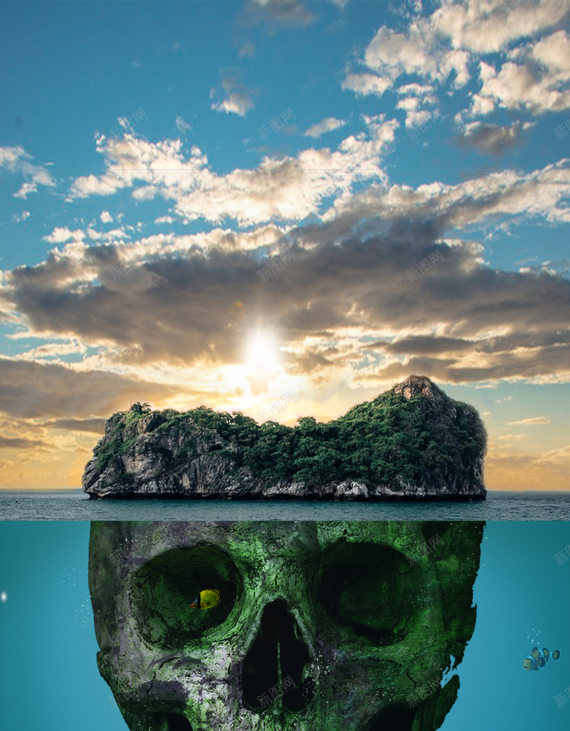 商务旅游骷颅H5背景psd设计背景_新图网 https://ixintu.com 商务 旅游 白云 蓝天 骷颅 绿山 海岛 危险 海水 蓝色