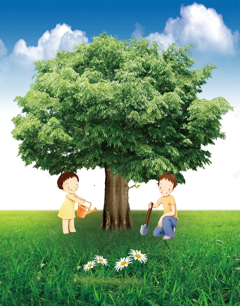 植树节卡通植树公益环保海报背景素材psd设计背景_新图网 https://ixintu.com 植树节宣传 绿色健康 绿色海报 312 植树节 草地 大树 蓝天 白云 公益海报 卡通