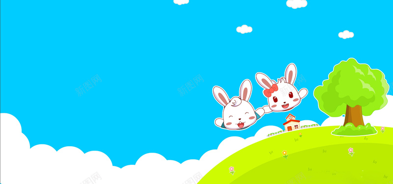 卡通小兔子清新蓝天白云背景图背景