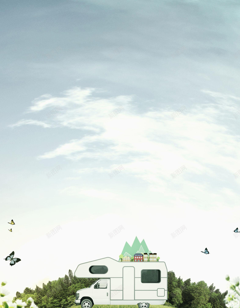 清新户外绿色草坪房车平面广告jpg设计背景_新图网 https://ixintu.com 平面广告 户外风景 清新背景 绿色草坪 房车 蝴蝶 花卉 插画