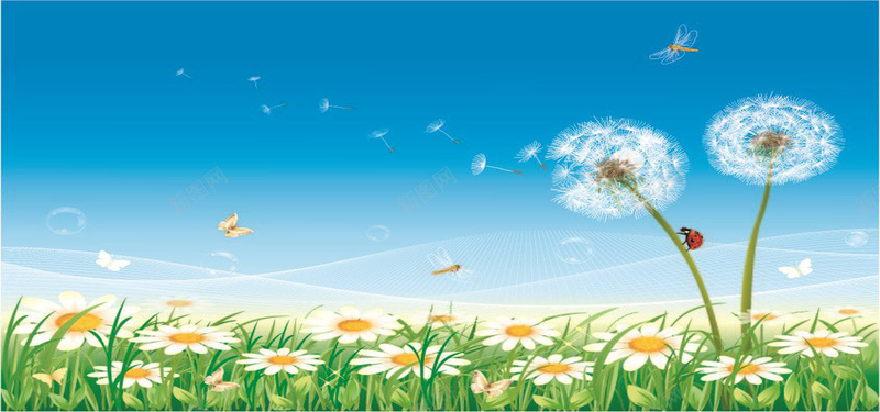 自然风景画jpg设计背景_新图网 https://ixintu.com 天空 蓝天 蒲公英 蜻蜓 蝴蝶 花花草草 摄影 风景 自然 风光 海报banner