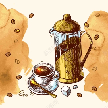 美式复古西餐手绘线稿咖啡机滴滤壶海报背景