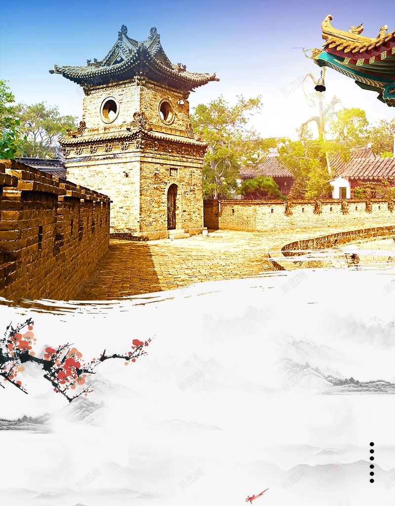 简约中国风平遥古城宣传广告jpg设计背景_新图网 https://ixintu.com 中国风背景 宣传广告 平遥古城 旅游宣传 简约背景 旅行社宣传 红梅 梅花 古镇宣传