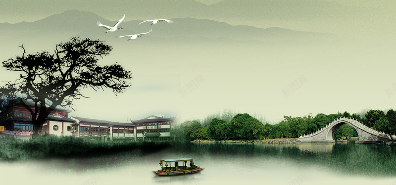 古典楼阁小桥背景图psd设计背景_新图网 https://ixintu.com 绿色 楼宇 枯树 大雁 小桥 小船 湖水 中国风 海报banner