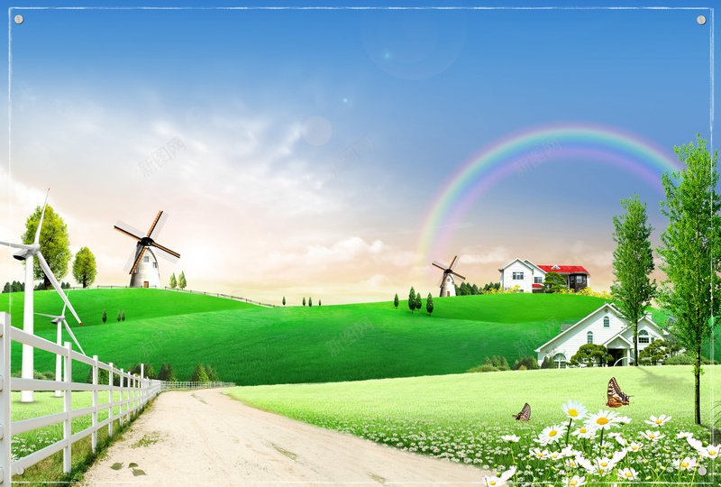 开心农场jpg设计背景_新图网 https://ixintu.com 农场 唯美 木栏 草地 风景 树木 风车 木屋 蓝天 白云 蓝色