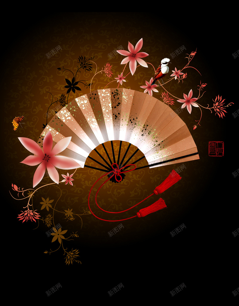 折扇花纹背景psd设计背景_新图网 https://ixintu.com 日式 花纹 扇 花 鸟 折扇 背景 印章 花卉 大气
