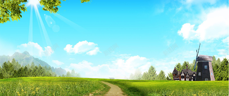 树林小路蓝天背景psd设计背景_新图网 https://ixintu.com 林间小路 田间小路 树林 白云 蓝天 阳光 淘宝背景图 海报banner