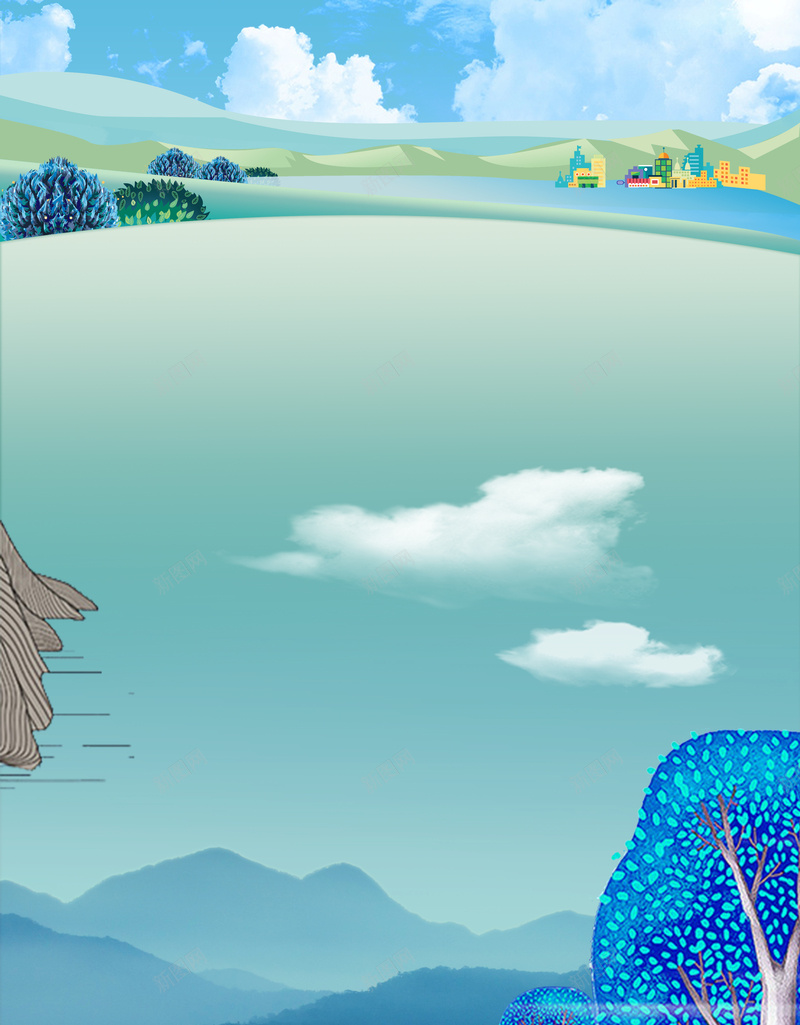唯美房地产海报背景psd设计背景_新图网 https://ixintu.com 回归自然 地产海报 插画设计 蓝色海报 远山 打着雨伞的小女孩 意境 风景手绘 清爽