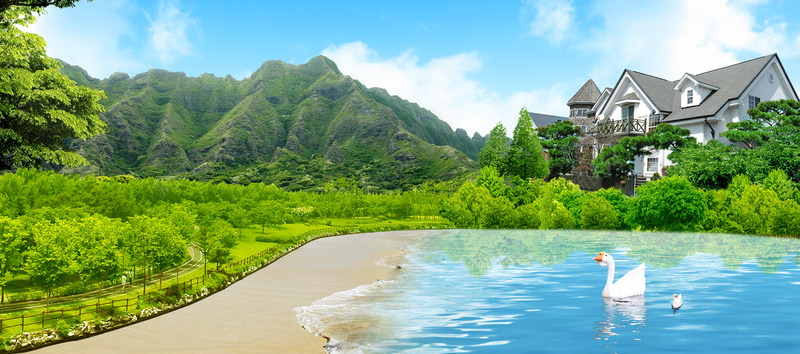 清新背景psd设计背景_新图网 https://ixintu.com 休闲 度假 房子 海 鹅 蓝天白云 海报banner 文艺 小清新 简约