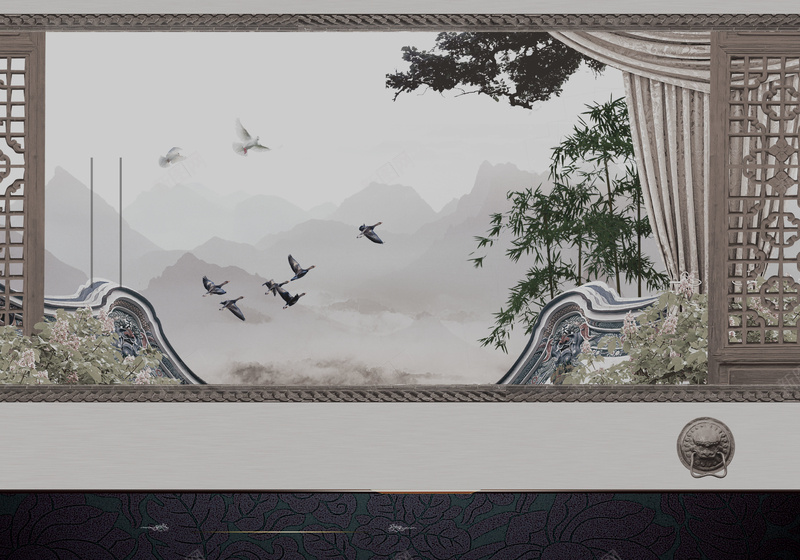 中国风黑白窗外的江南风景房地产背景素材jpg设计背景_新图网 https://ixintu.com 中国风背景 黑白背景 中国风 窗户 黑白 中式窗 山水风景 山水 树林 江南风景 房地产 房产