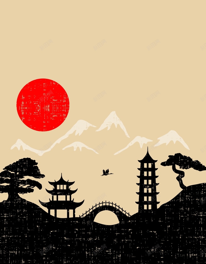 矢量日式水墨中国风复古山水背景jpg设计背景_新图网 https://ixintu.com 矢量 日式 水墨 中国风 复古 山水 黄色 红日 亭台楼阁 远山 背景