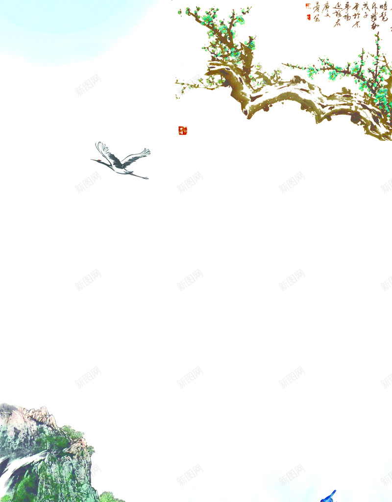 中国风山水景观海报PSD背景素材psd设计背景_新图网 https://ixintu.com 山水景观 中国风 山水花 山景 景观 白鹤 燕子 景观海报 中国风景观素材 中国风背景