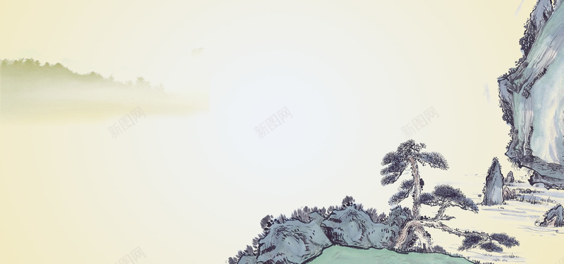 手绘山水大气中国风海报背景图背景