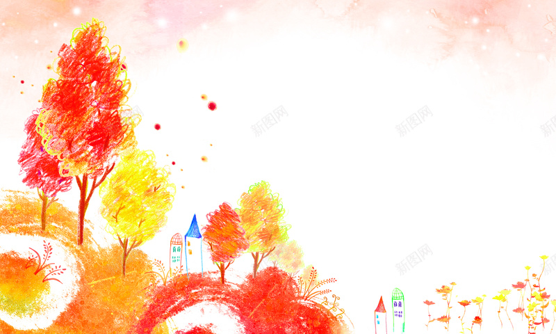手绘红色树木背景psd设计背景_新图网 https://ixintu.com 天空 手绘 村庄 树木 红色 树林 山峰 白色 卡通 童趣