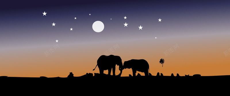 夜晚矢量大象背景图jpg设计背景_新图网 https://ixintu.com 剪影 圆月 大象 星星 矢量 海报banner 扁平 渐变 几何