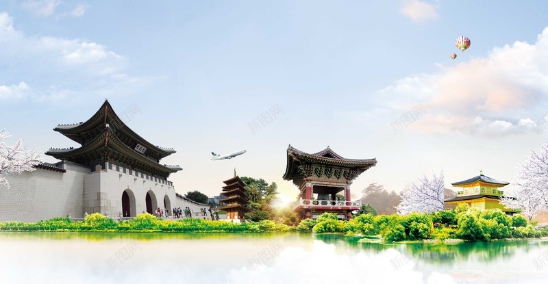传统韩国旅游旅行社psd设计背景_新图网 https://ixintu.com 韩国料理 旅游 韩国 韩文 韩风 传统屋檐 旅行 景点 传统风 旅行社 旅游广告 国庆旅游 海报