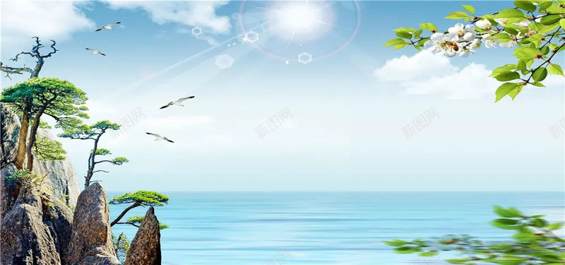 淘宝海报背景jpg设计背景_新图网 https://ixintu.com 大海 海鸥 白云 蓝天 高山 迎客松 白色花 海报banner