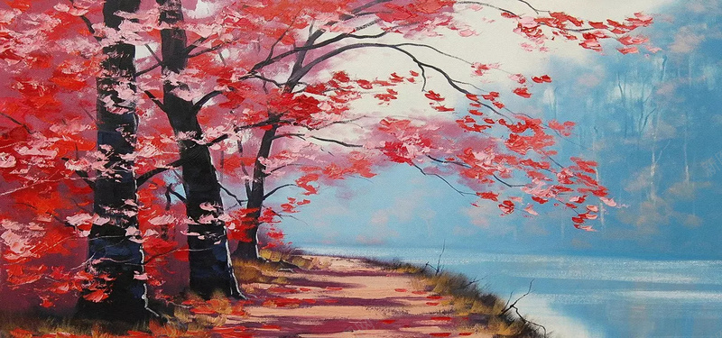 风景油画jpg设计背景_新图网 https://ixintu.com 油画 风景 画 手绘画 小路 树林 湖 海报banner 卡通 童趣 手绘