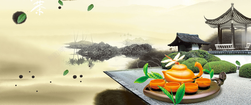 茶文化背景psd设计背景_新图网 https://ixintu.com 茶 茶文化展板 茶具 水墨画 凉亭 茶文化 海报banner 中国风
