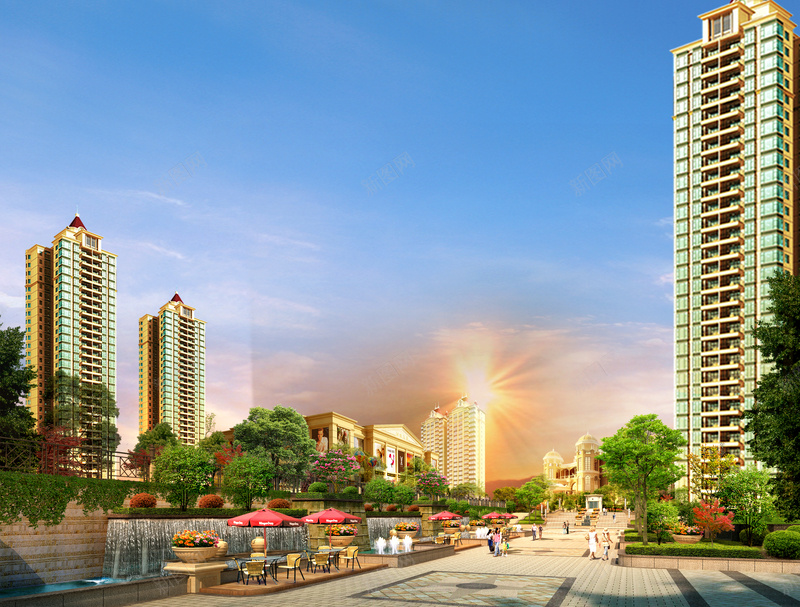 欧式风情街景PSD分层背景素材psd设计背景_新图网 https://ixintu.com 房产单页 欧式街景 商业街 白云 蓝天 背景 海报