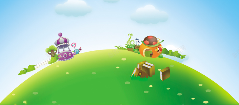 卡通背景psd设计背景_新图网 https://ixintu.com 海报banner 可爱背景 绿色地球 蓝天白云 房子 卡通 童趣 手绘