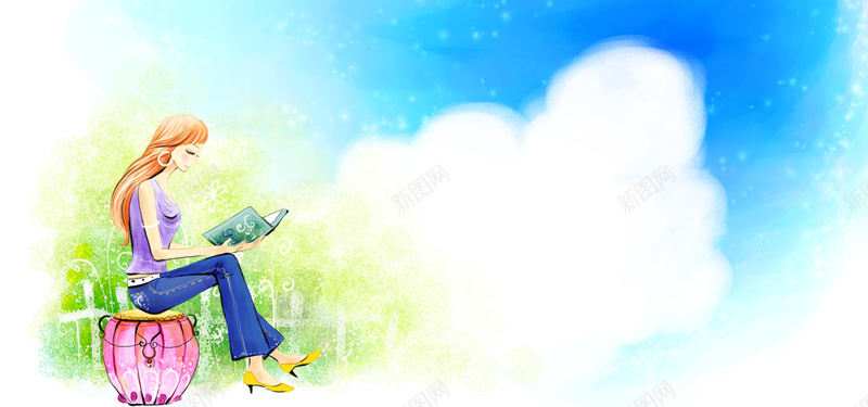 女孩看书花纹背景psd设计背景_新图网 https://ixintu.com 海报banner 植物点缀 简单背景 花纹背景 浅色系 浅绿浅蓝白色为主 浪漫 梦幻