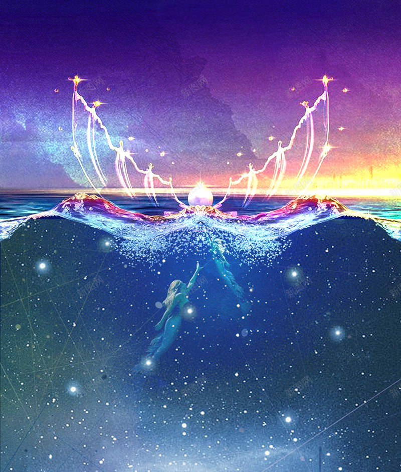 梦幻美人鱼海上背景psd设计背景_新图网 https://ixintu.com 美人鱼 星星 星空 浪漫 蓝色 背景 梦幻 翅膀 纹理