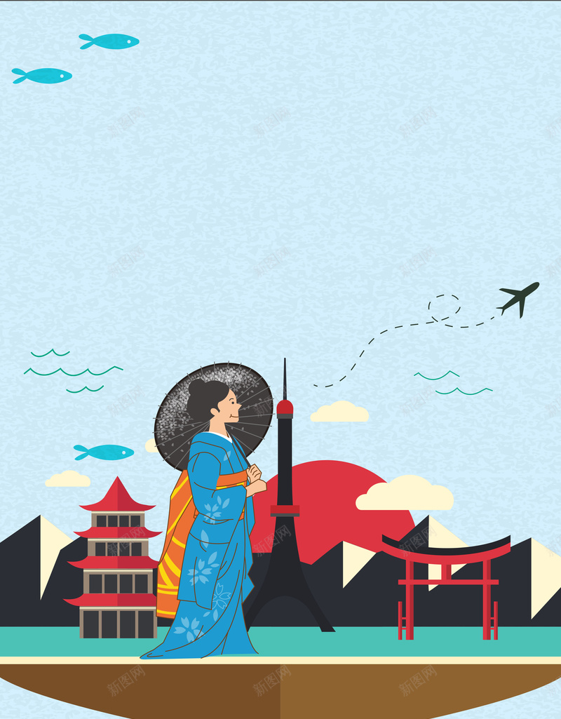 蓝色矢量卡通插画日本旅游海报背景psd设计背景_新图网 https://ixintu.com 东京旅游 日本料理 插画 景点 矢量 日本机票 东京留学 日本旅游 富士山 日本景点 大阪旅游