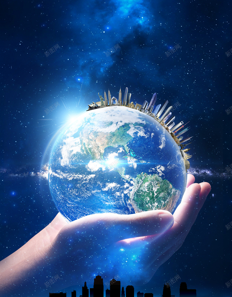 地球一小时活动宣传海报psd设计背景_新图网 https://ixintu.com 扁平城市 公益 地球 蓝色 手 地球一小时 保护环境等你来 大气