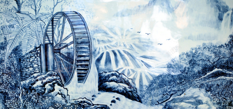 中国传统山水背景jpg设计背景_新图网 https://ixintu.com 中国风 蓝色 山 树 水 鸟 水车 传统 手绘 海报banner