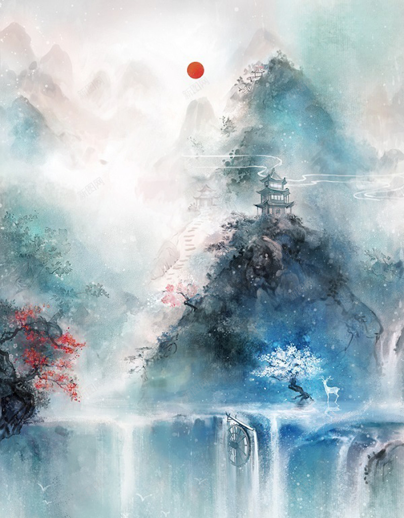 红日群山瀑布水墨画海报背景素材jpg设计背景_新图网 https://ixintu.com 红日 日出 群山 瀑布 水墨画 海报背景 背景素材 中国风