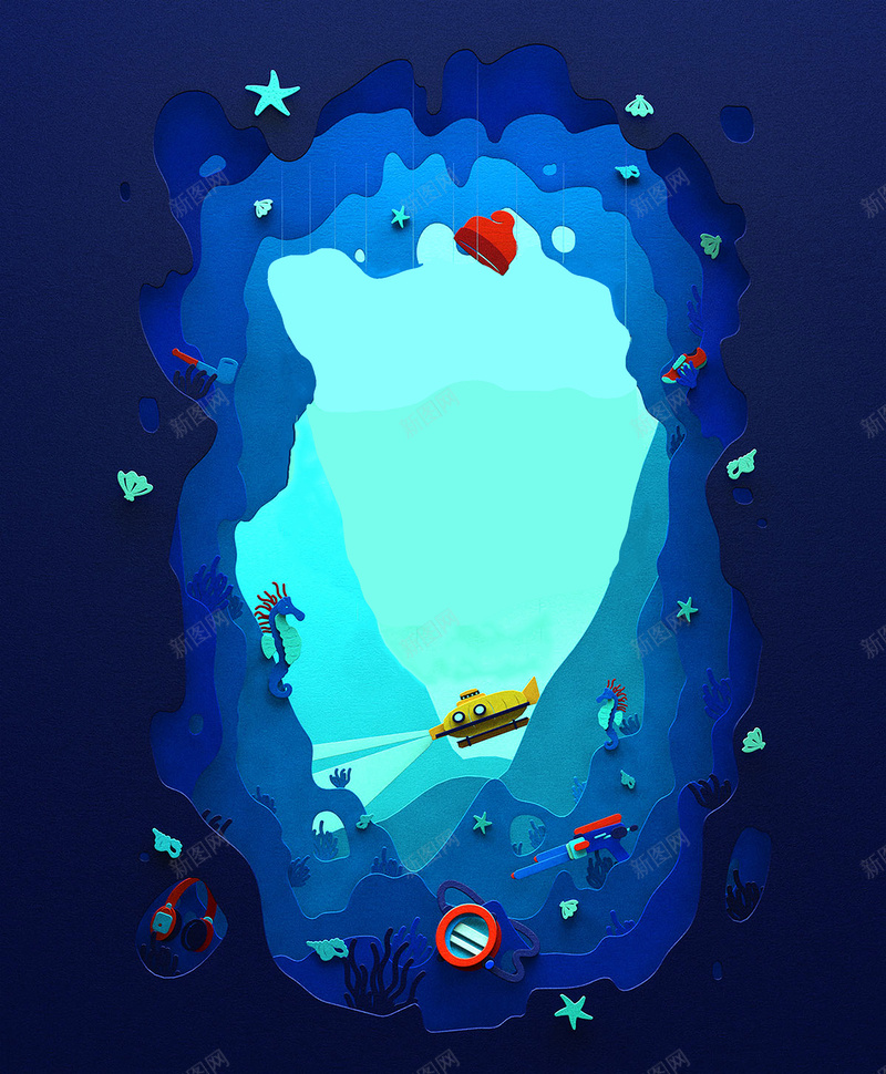 创意纸质海底世界展板背景psd设计背景_新图网 https://ixintu.com 展板 海底 海星 潜艇 蓝色 素材 创意 纸质 背景 开心