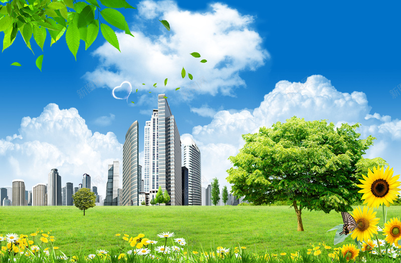 楼房风景背景素材psd设计背景_新图网 https://ixintu.com 房子 背景 蝴蝶 花 草 建筑 草地 风景 蓝天 白云 蓝色背景 海报
