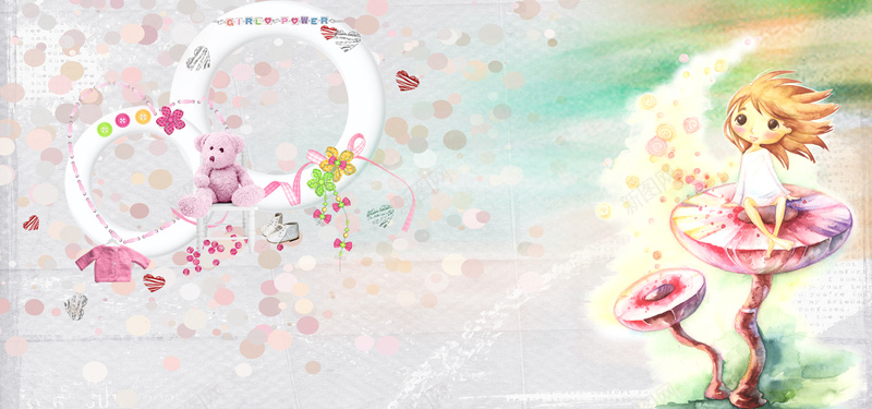 插画背景jpg设计背景_新图网 https://ixintu.com 儿童画册 唯美 女孩 清新 蘑菇 小熊 海报banner 卡通 童趣 手绘