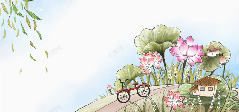 手绘风景jpg设计背景_新图网 https://ixintu.com 自行车 文艺 清新 白色 荷花 荷叶 海报banner 卡通 童趣 手绘