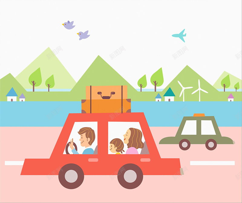 卡通家庭郊游背景素材jpg设计背景_新图网 https://ixintu.com 手提箱 家庭 屋顶 插画 汽车 山 树 郊游 背景 海报