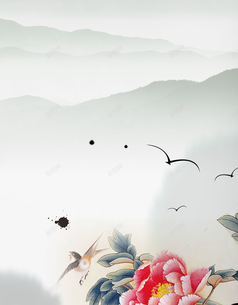 中国风花鸟画psd分层H5背景jpg设计背景_新图网 https://ixintu.com 国画 中国风 国花 燕子 牡丹 山水 墨染 墨画 H5背景