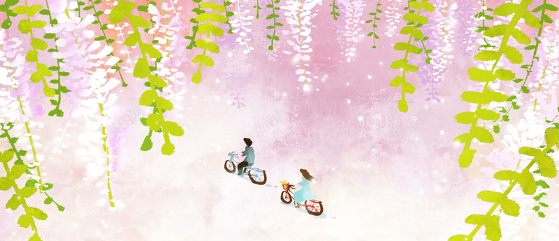 插画背景jpg设计背景_新图网 https://ixintu.com 唯美 骑车 粉色 春 踏青 情路 海报banner 卡通 童趣 手绘