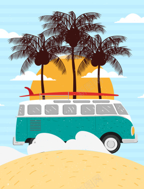 卡通手绘夏季暑假旅游大巴车海岸背景素材背景