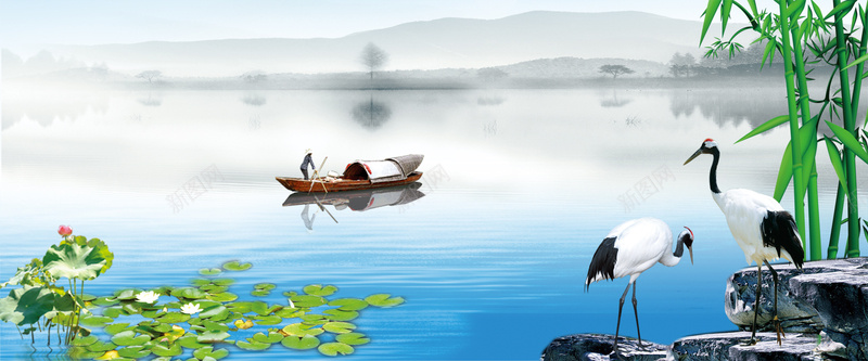 中国风山水背景psd设计背景_新图网 https://ixintu.com 中国风 山水画 水墨 小船 鹤 翠竹 海报banner
