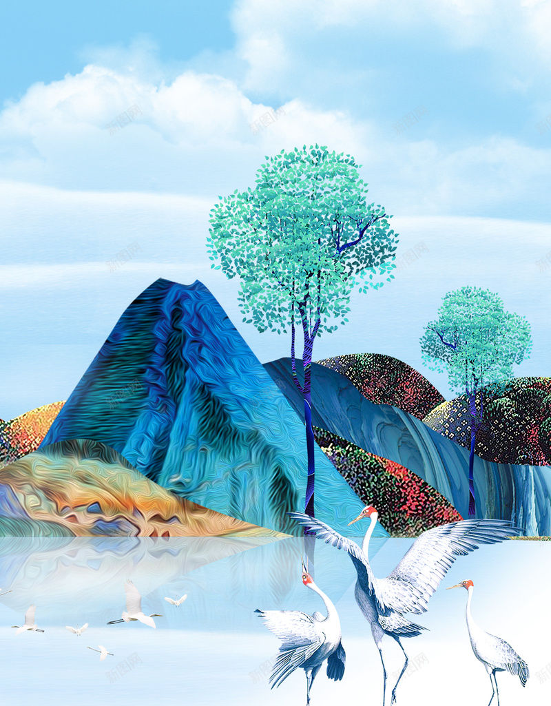 唯美山水湖泊卡通背景jpg设计背景_新图网 https://ixintu.com 唯美 山 水 湖泊 卡通 背景 丹顶鹤 蓝天 旅游